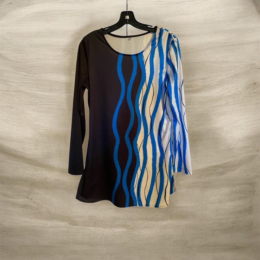 Sleek Wavy-Stripe Long Sleeve Tunic in Black, Blue & Cream, Size Medium